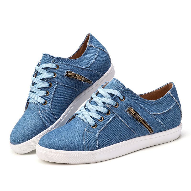 Pluss Størrelse Dame Retro Glidelås Dekor Canvas Lace Up Flate Casual Sko