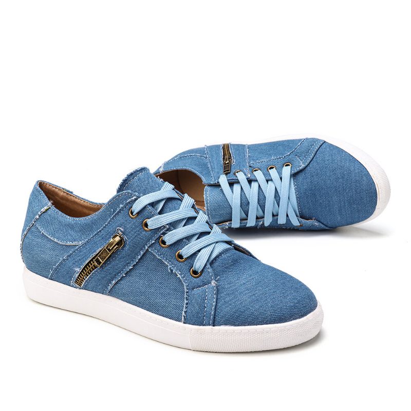 Pluss Størrelse Dame Retro Glidelås Dekor Canvas Lace Up Flate Casual Sko