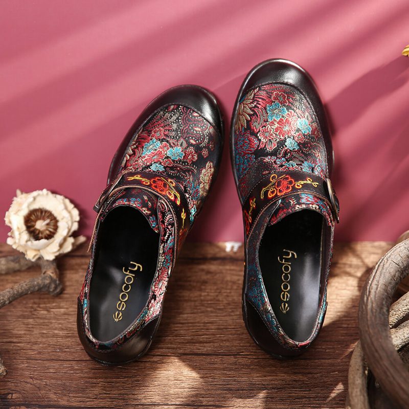 Retro Blomster Broderi Lær Preget Plomme Blossom Spenne Slip On Flate Sko