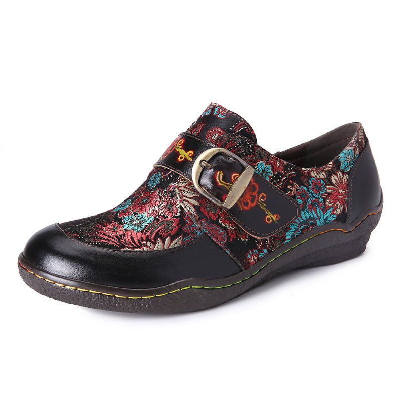 Retro Blomster Broderi Lær Preget Plomme Blossom Spenne Slip On Flate Sko