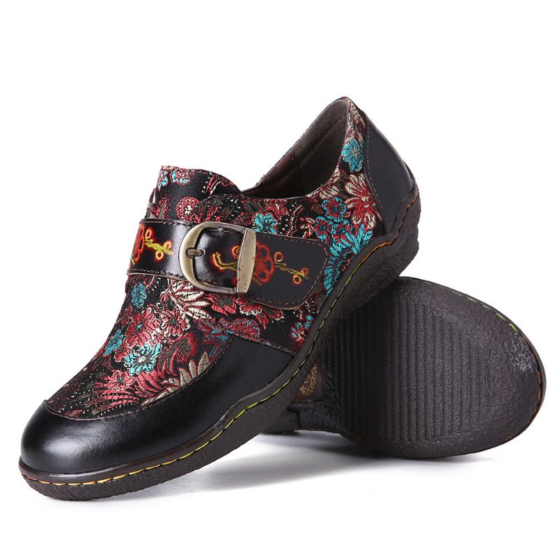 Retro Blomster Broderi Lær Preget Plomme Blossom Spenne Slip On Flate Sko