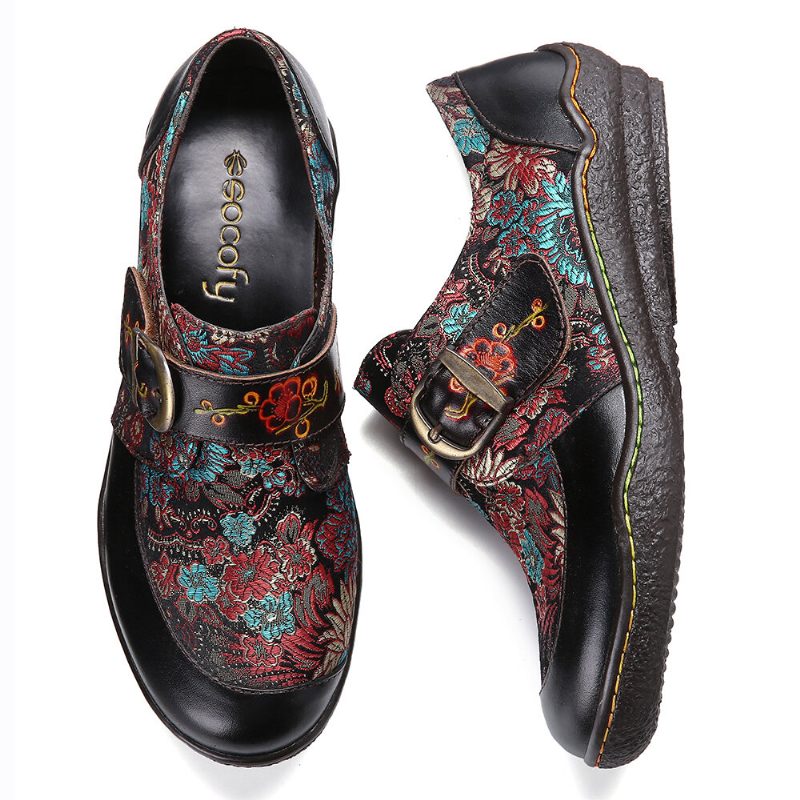 Retro Blomster Broderi Lær Preget Plomme Blossom Spenne Slip On Flate Sko