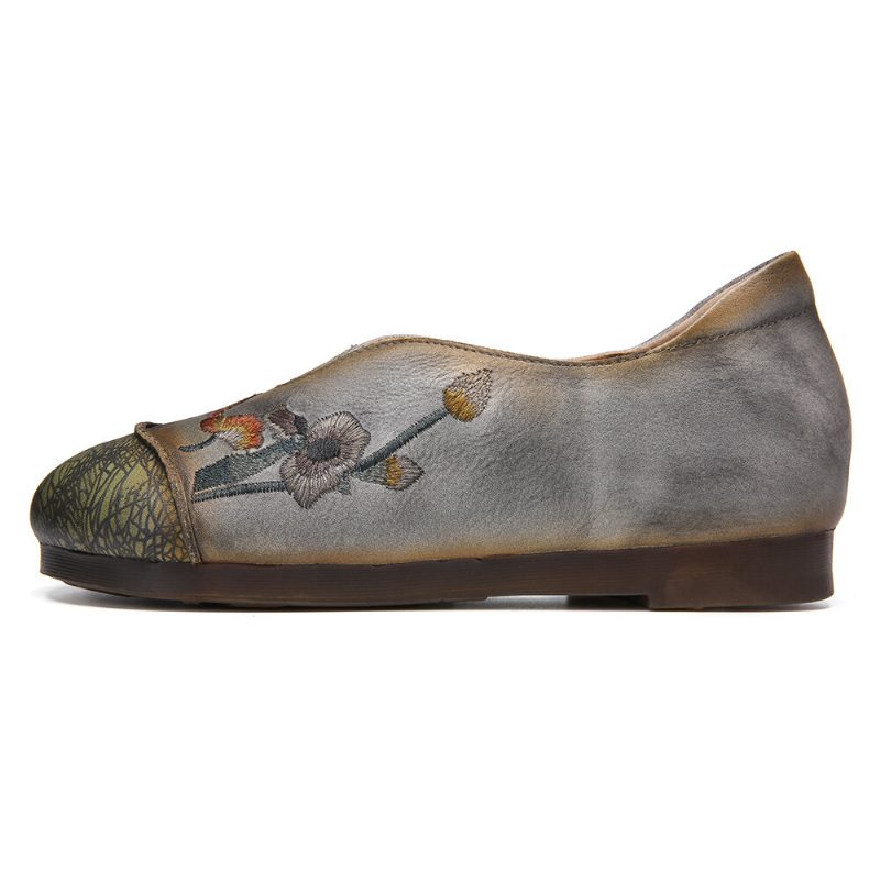 Retro Flowers Brodery Comfy Myk Leather Slip On Flate Sko