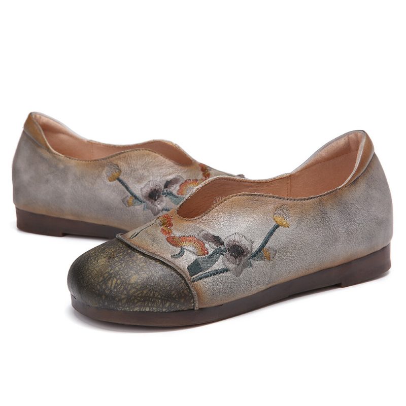 Retro Flowers Brodery Comfy Myk Leather Slip On Flate Sko