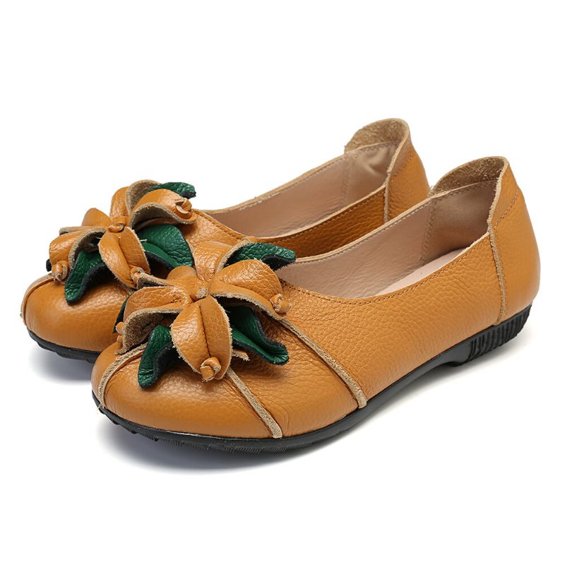 Retro Håndlaget Blomsterdekor Myk Flate Casual Leather Loafers