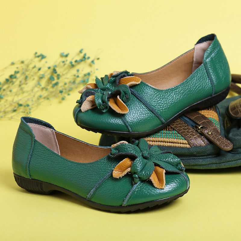 Retro Håndlaget Blomsterdekor Myk Flate Casual Leather Loafers