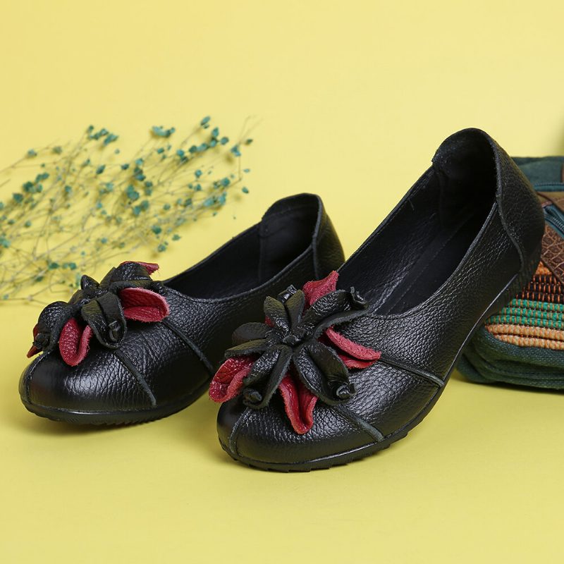 Retro Håndlaget Blomsterdekor Myk Flate Casual Leather Loafers