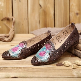 Retro Preget Delikat Peon Hulblomstmønster I Ekte Skinn Flate Elegant Loafer