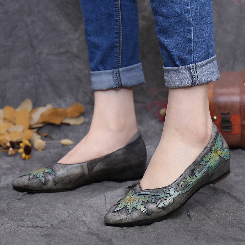 Retro Splicing Vine Comfy Genuine Leather Spiss Toe Slip On Flate Sko