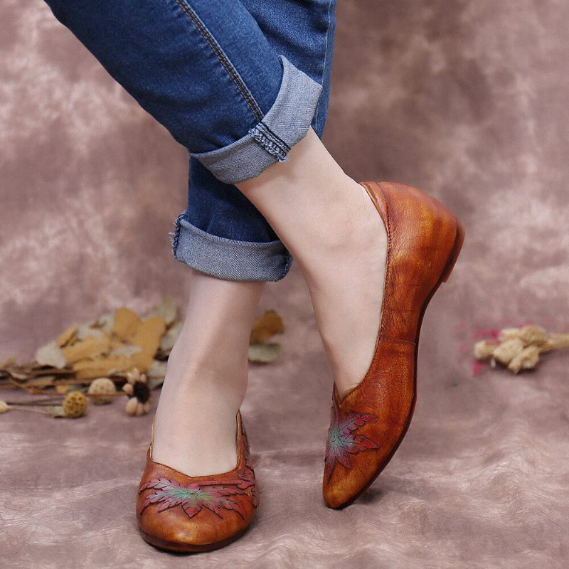 Retro Splicing Vine Comfy Genuine Leather Spiss Toe Slip On Flate Sko