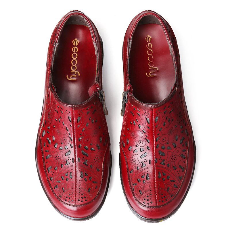 Skinn Blomsterutskjæringer Sideglidelås Slip On Loafers Sklisikkert Flate Sko