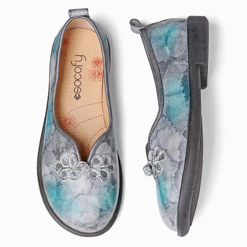 Tie-dyed Lær Kinesisk Knute-dekor Behagelig Myk Slip-on Flate Sko