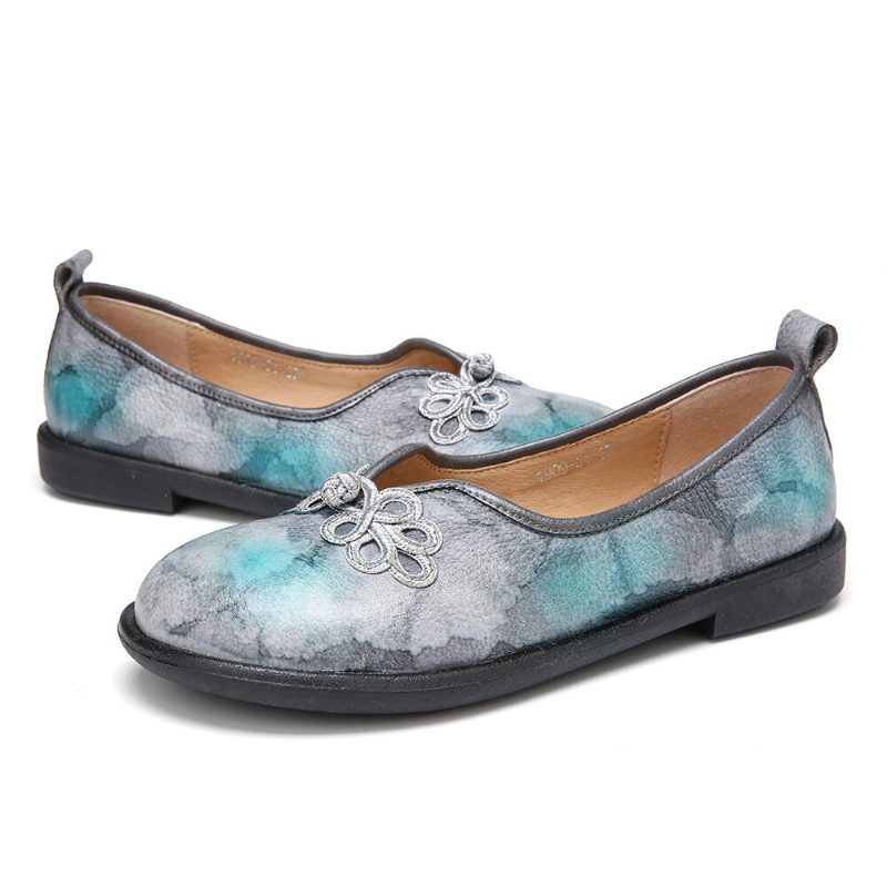 Tie-dyed Lær Kinesisk Knute-dekor Behagelig Myk Slip-on Flate Sko