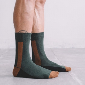 Lange Sokker For Menn Mørkegrønne Designerlinjer Kontrastfarge Tube Bomullssokker