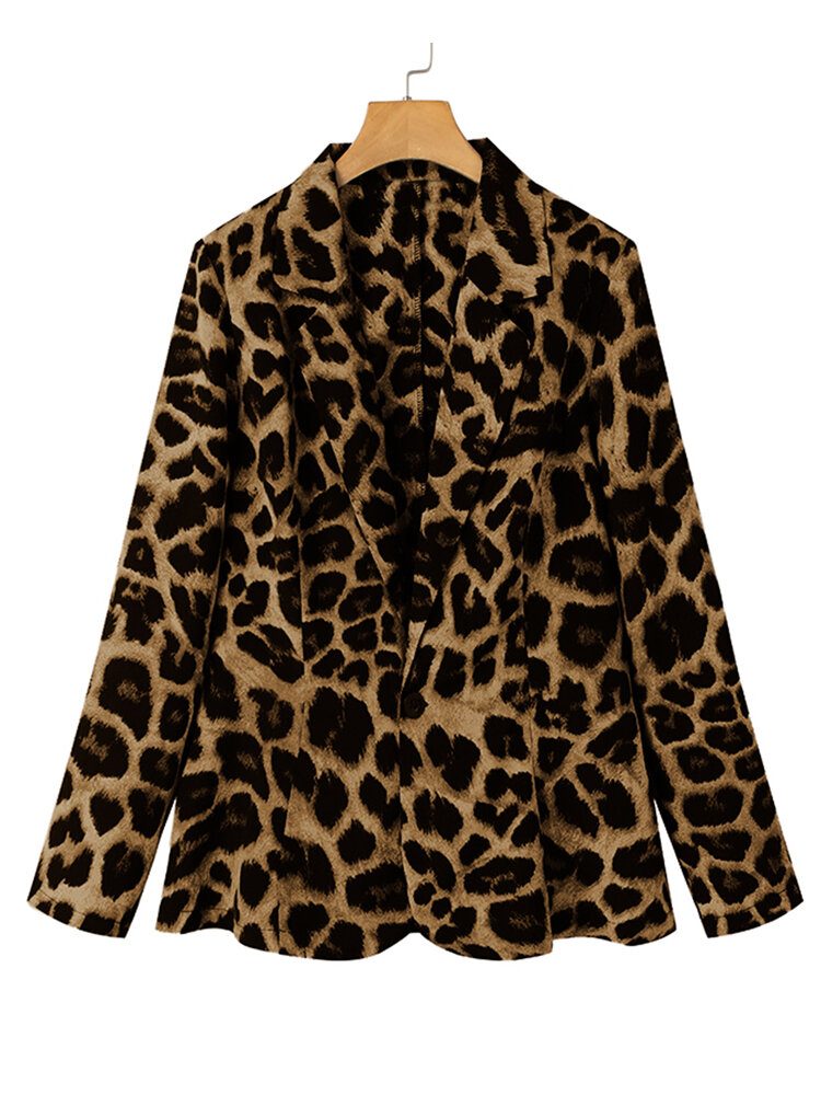 Blazer Løs Dress Med Leopardmønster For Kvinner Med Skulderpute