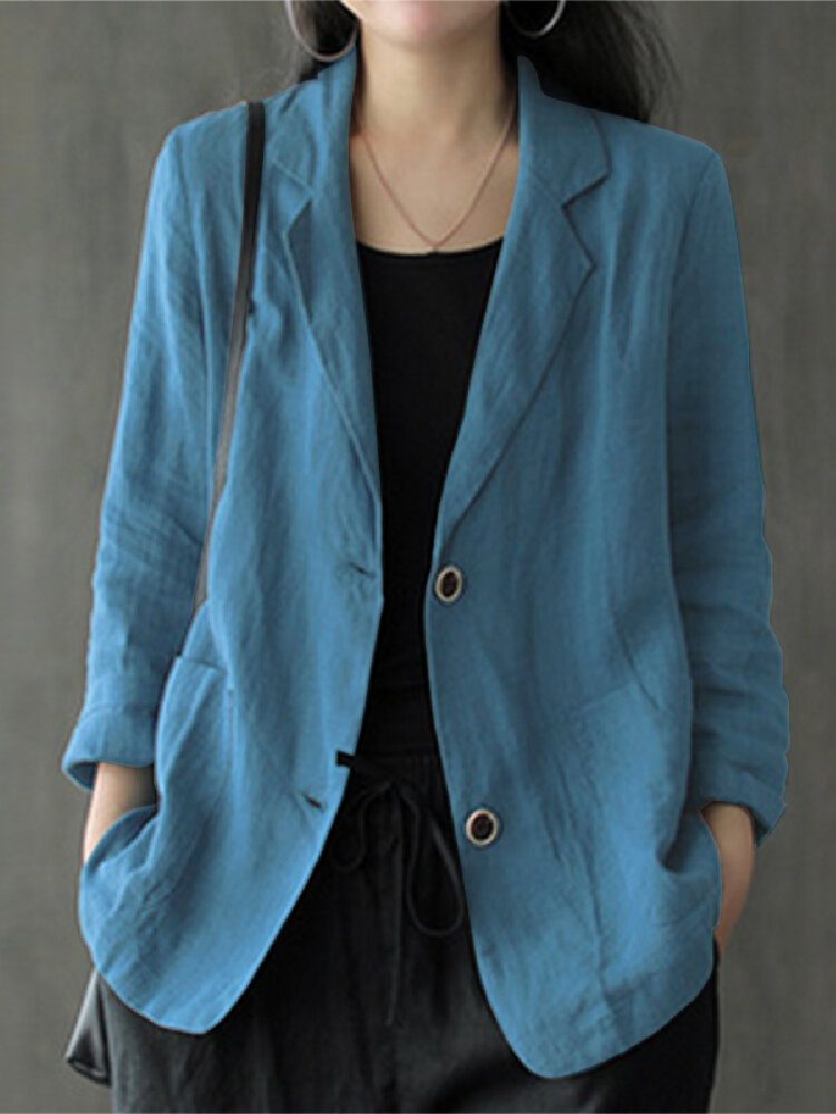 Dame 100% Bomull Ensfarget Knapp Foran Business Tynn Matchende Blazer Med Lomme