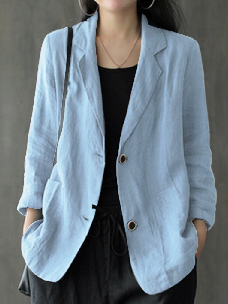 Dame 100% Bomull Ensfarget Knapp Foran Business Tynn Matchende Blazer Med Lomme