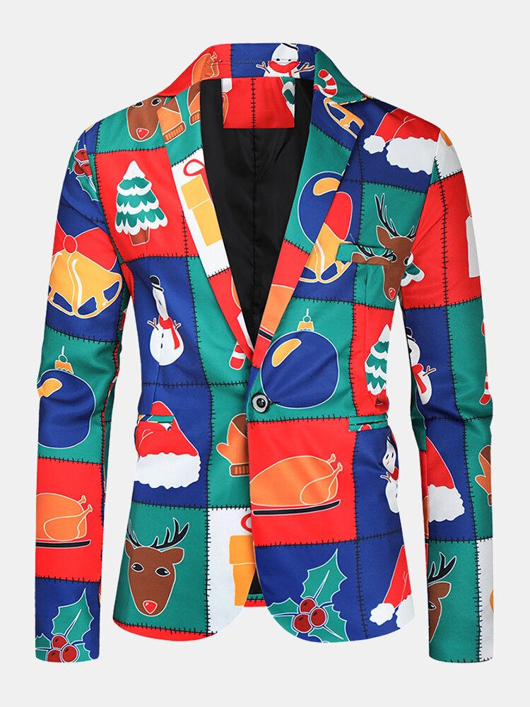 Herre Cartoon Christmas Element Print Single-breasted Party Funny Blazer