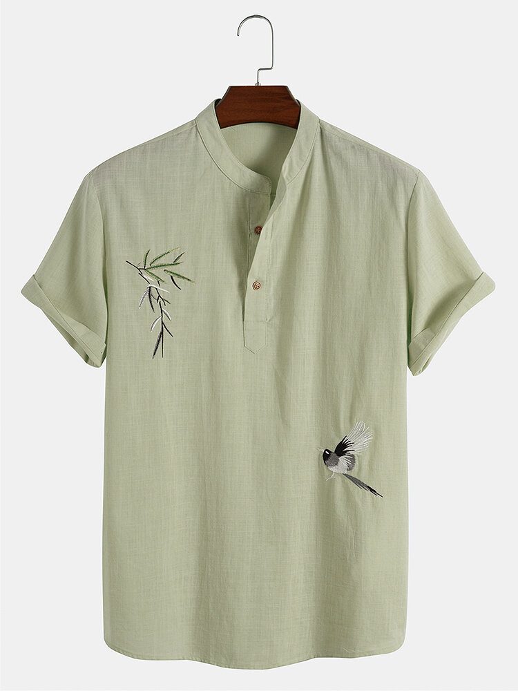 Bird Tree Brodery 100% Cotton Uformelle Skjorter For Menn