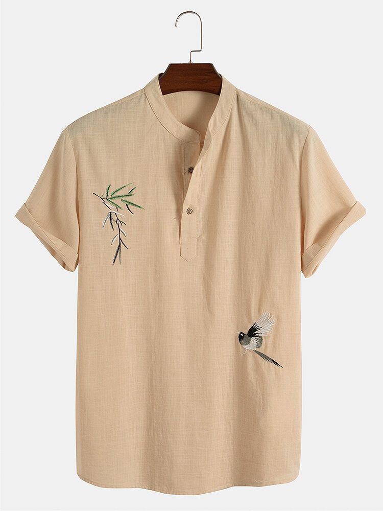 Bird Tree Brodery 100% Cotton Uformelle Skjorter For Menn