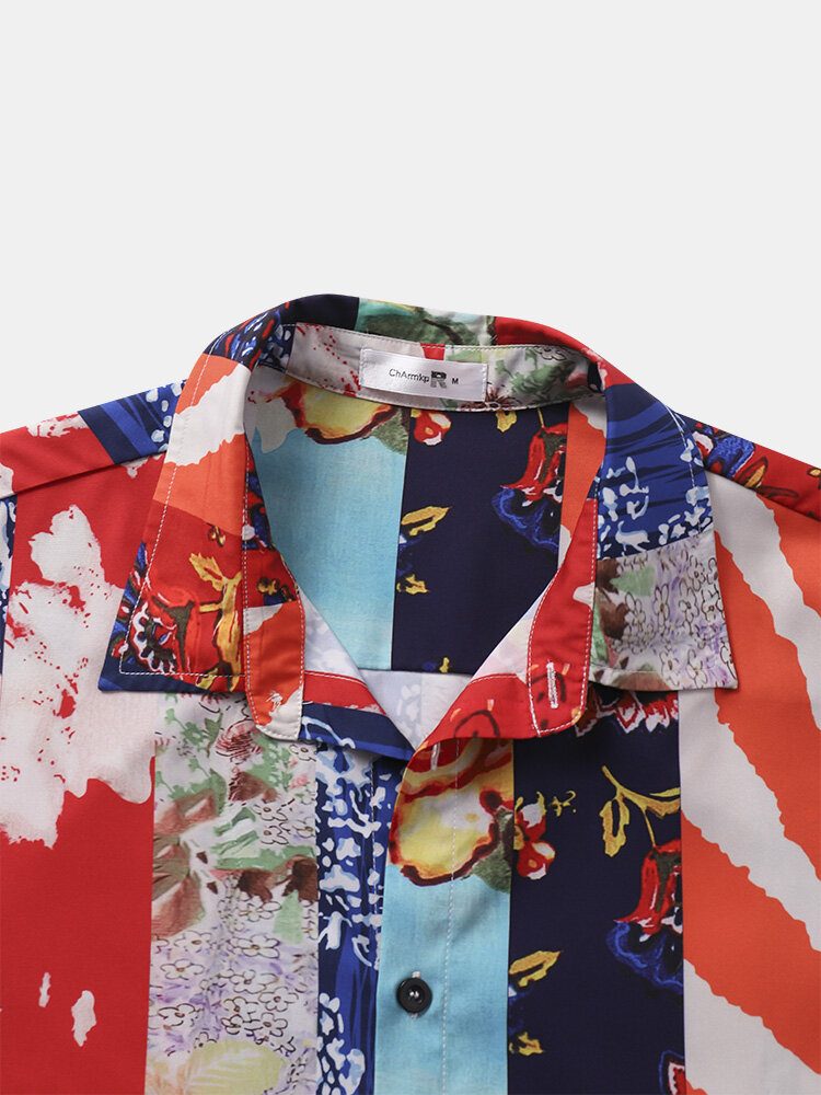 Blomsterblokk Stripe Print Vacation Kortermede Skjorter For Menn