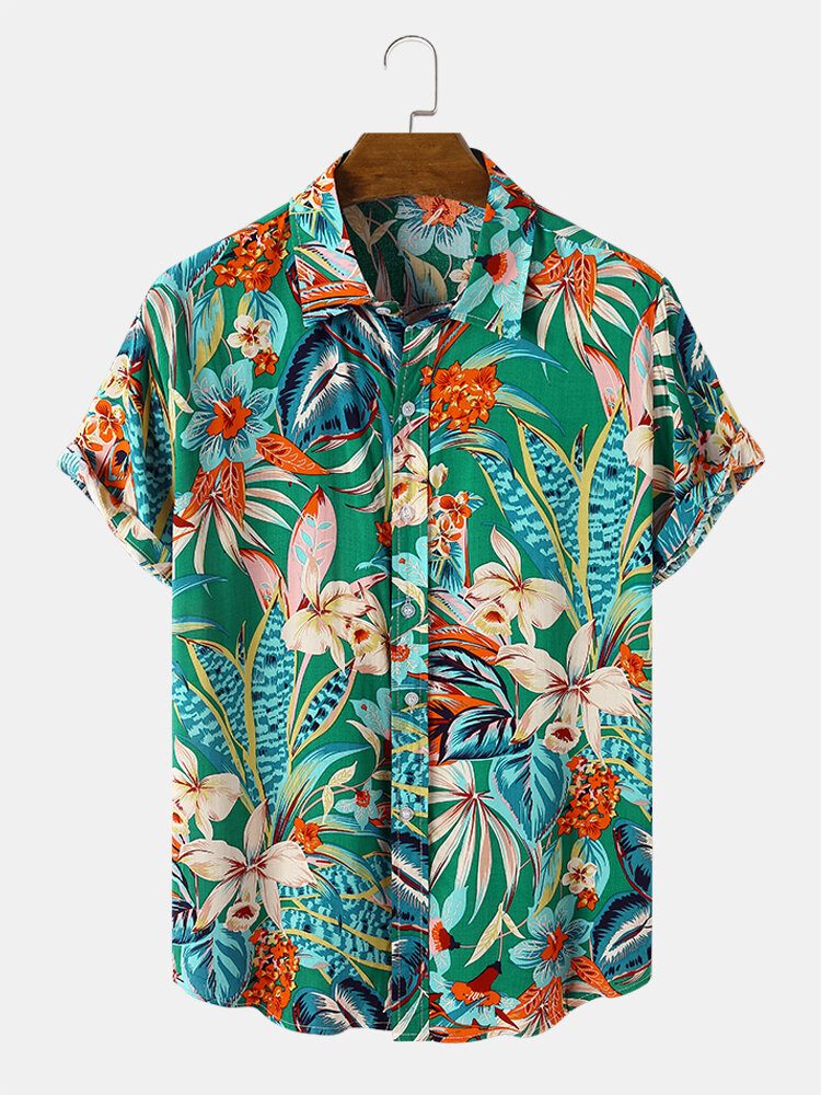 Blomsterplanter For Menn Print Button Up Holiday Kortermede Skjorter