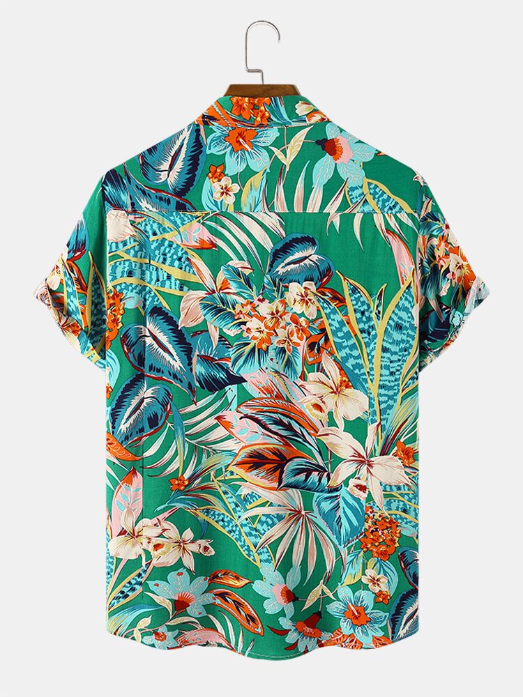 Blomsterplanter For Menn Print Button Up Holiday Kortermede Skjorter