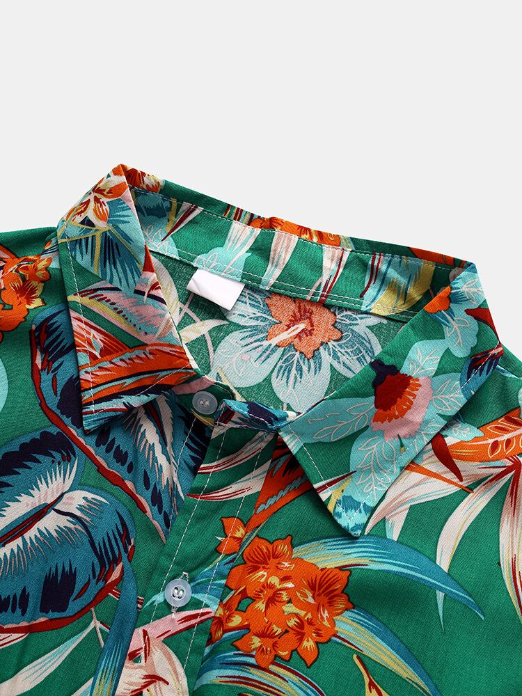 Blomsterplanter For Menn Print Button Up Holiday Kortermede Skjorter