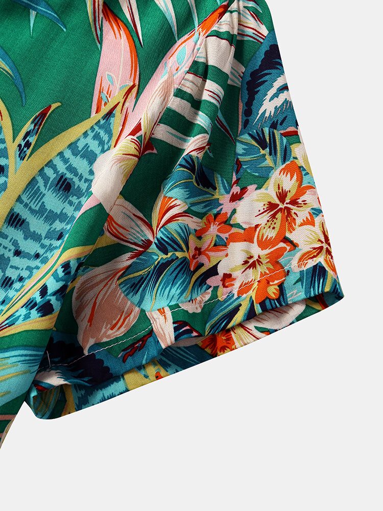 Blomsterplanter For Menn Print Button Up Holiday Kortermede Skjorter