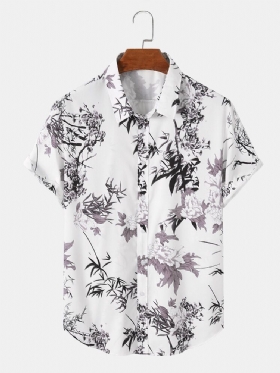 Blomsterplanter For Menn Print Lapel Holiday Kortermede Skjorter