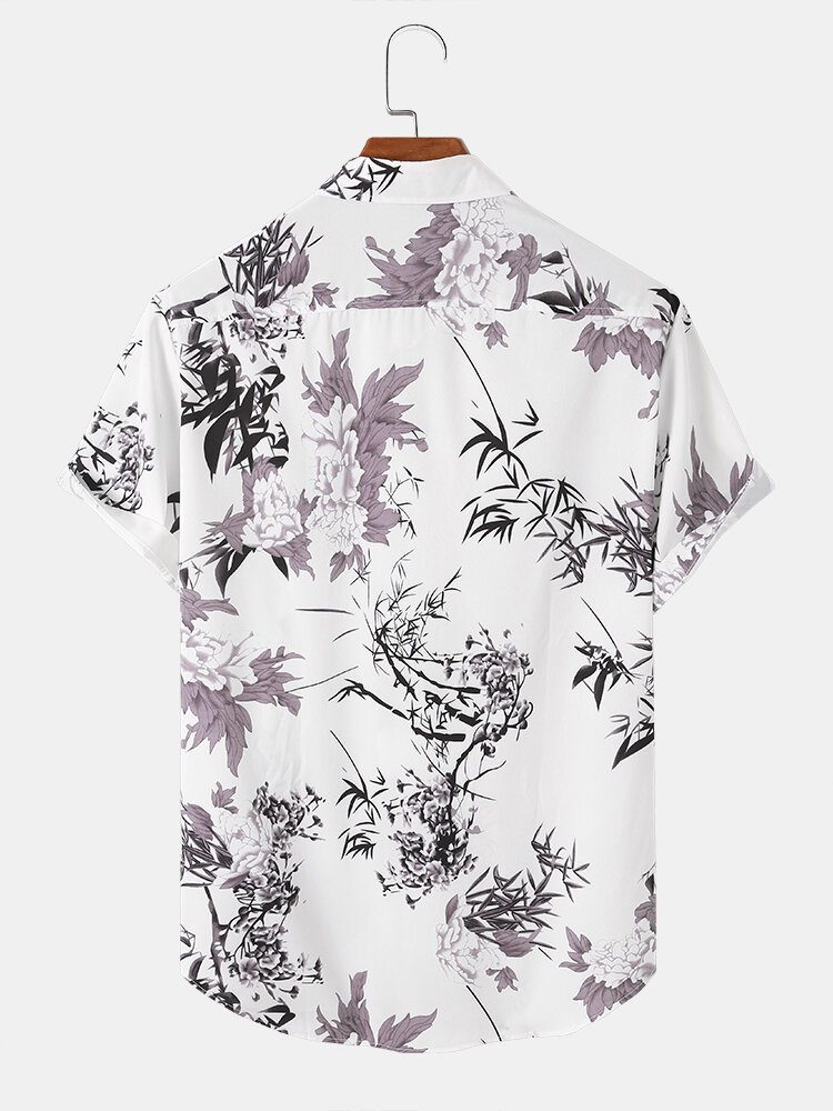 Blomsterplanter For Menn Print Lapel Holiday Kortermede Skjorter