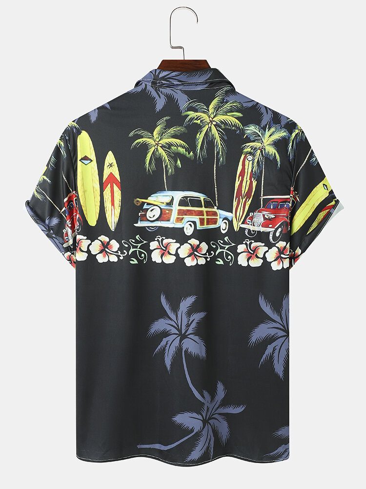 Coconut Tree Car Print Lapel Holiday Kortermede Skjorter For Menn