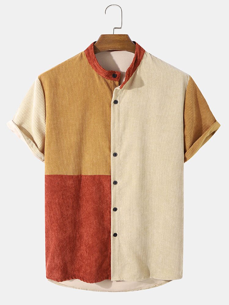 Corduroy Color Block Panel Patchwork Skjorter Med Grandad Krage For Menn