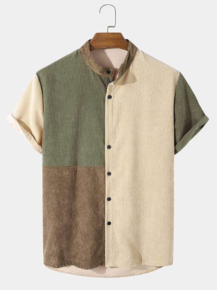 Corduroy Color Block Panel Patchwork Skjorter Med Grandad Krage For Menn