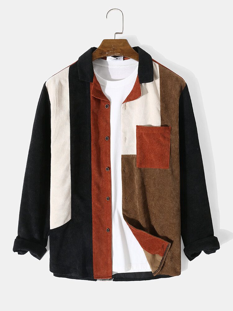 Corduroy Patchwork Revere Collar Casual Skjorte For Menn