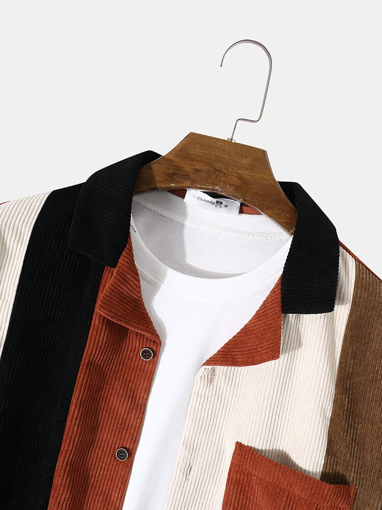 Corduroy Patchwork Revere Collar Casual Skjorte For Menn