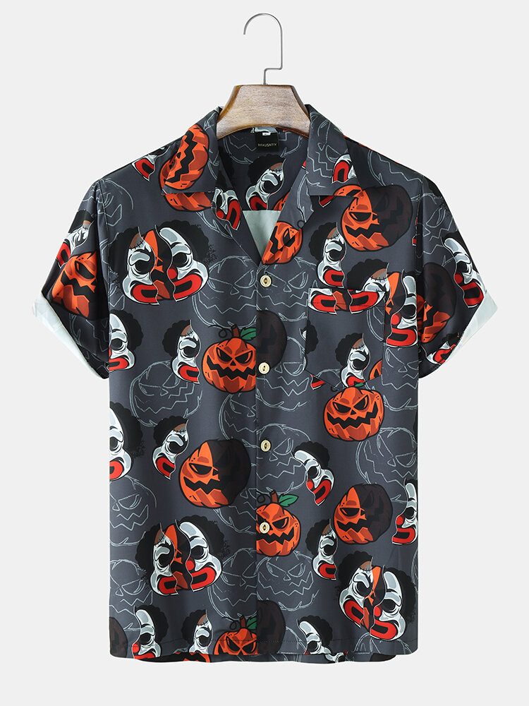 Funny Pumpkin Print Revere Krageskjorter For Menn