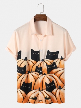 Halloween Pumkpin Cat Cartoon Casual Skjorter For Menn