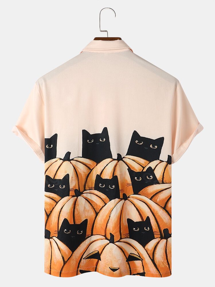 Halloween Pumkpin Cat Cartoon Casual Skjorter For Menn