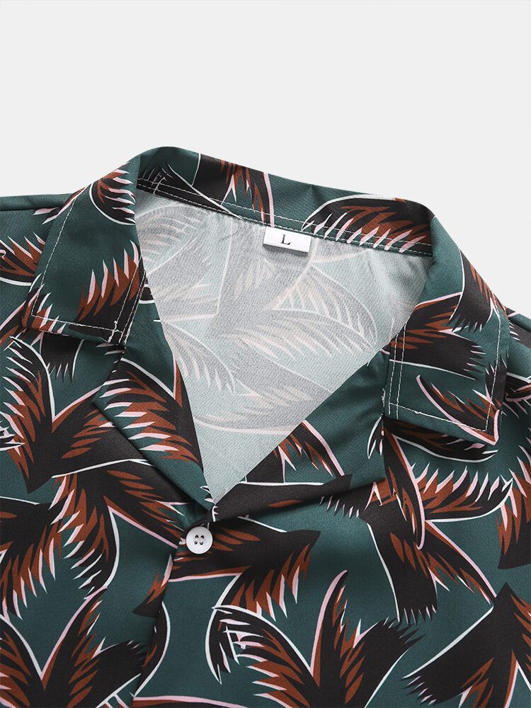 Herre All Over Plant Leaf Print Camp Collar Kortermede Skjorter