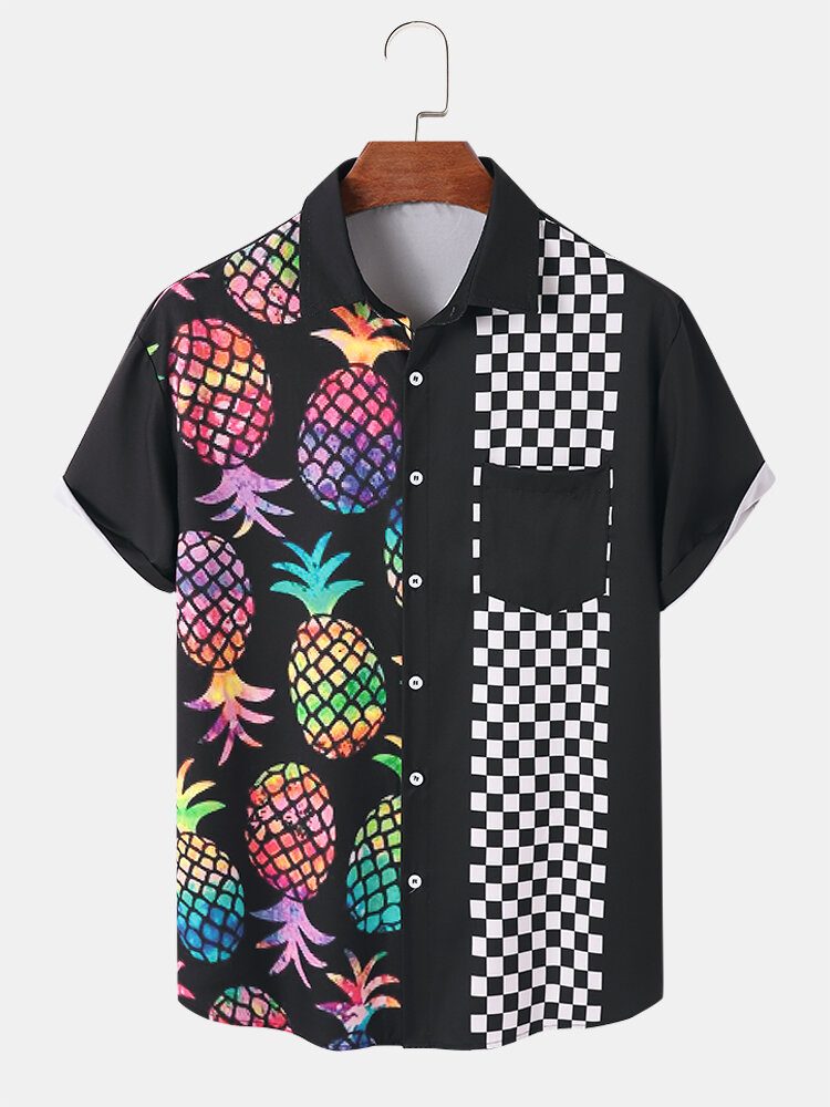 Herre Ananas Gingham Print Pocket Alle Matchende Hudvennlige Skjorter