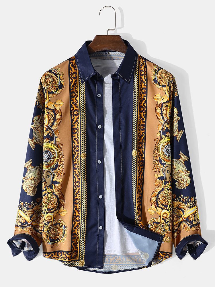 Herre Barokkstil Print Button Up Lapel Langermede Fritidsskjorter