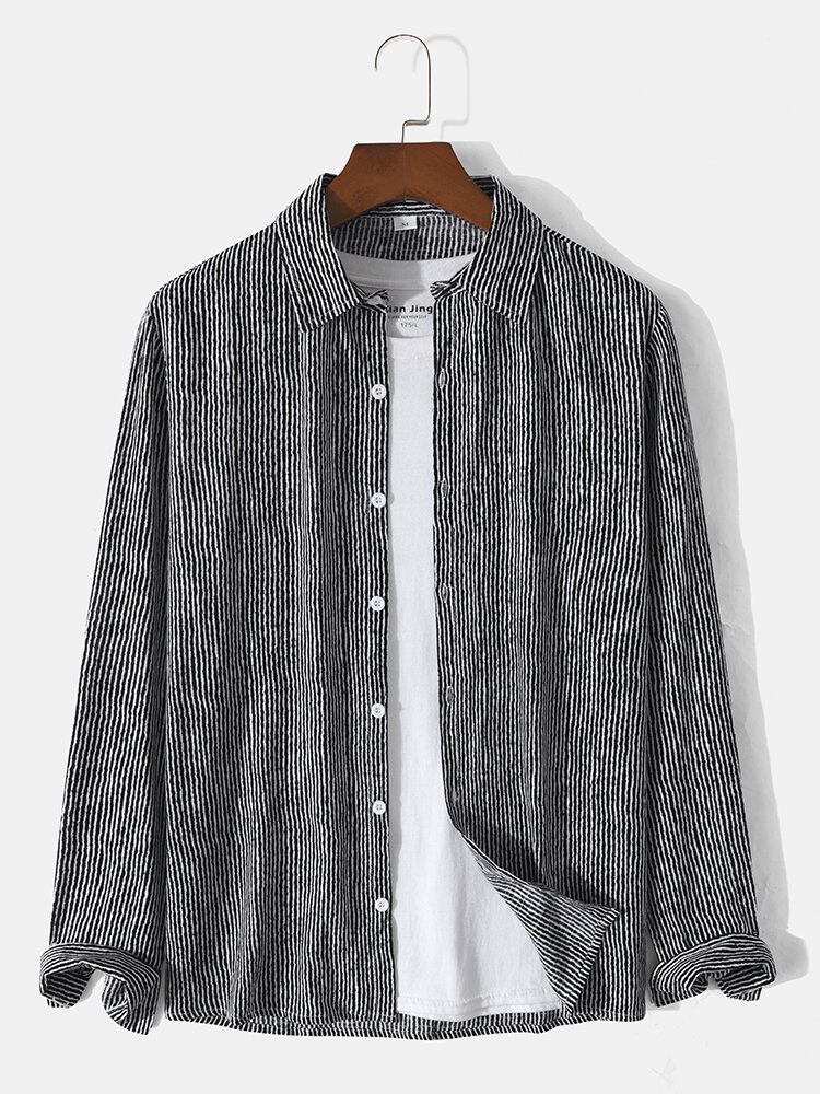 Herre Bomull Nålestripe Button Up Lapel Langermet Skjorte