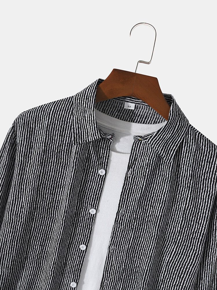 Herre Bomull Nålestripe Button Up Lapel Langermet Skjorte