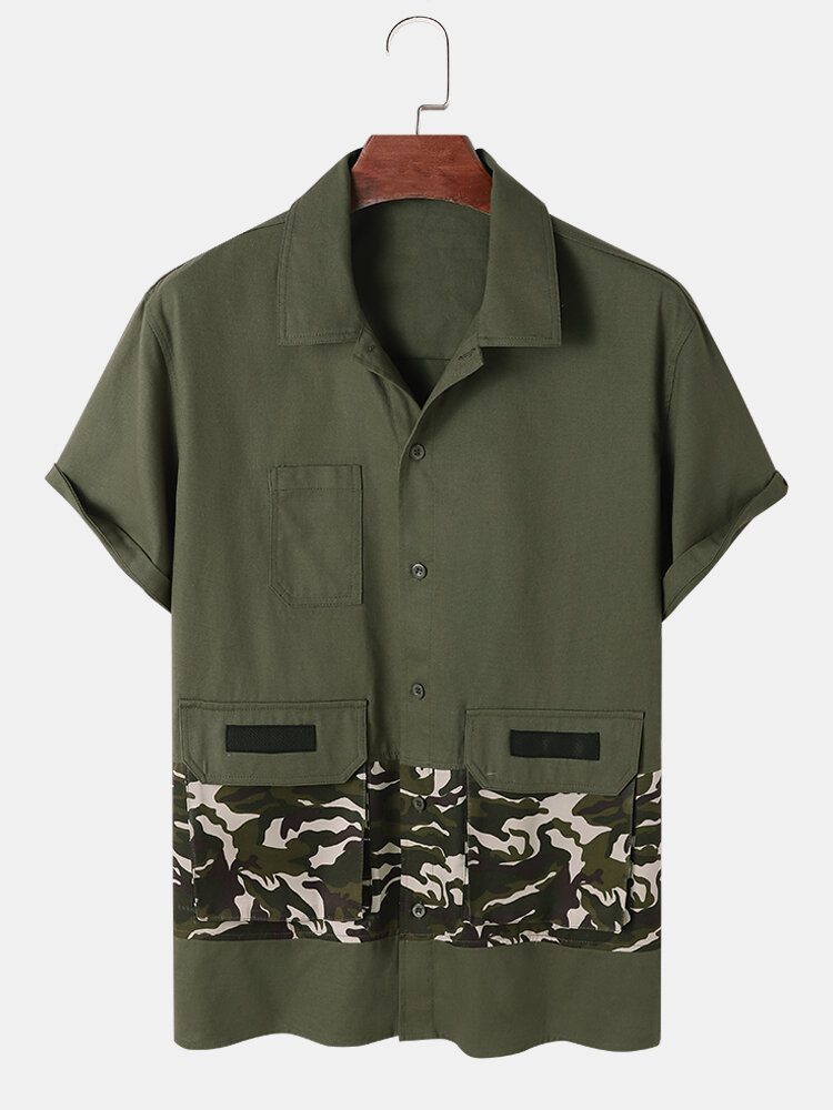 Herre Camo Patchwork Utility Kortermet Cargo Alle Matchende Hudvennlige Skjorter