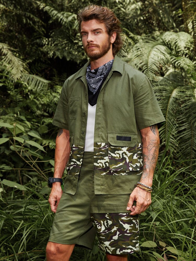 Herre Camo Patchwork Utility Kortermet Cargo Alle Matchende Hudvennlige Skjorter