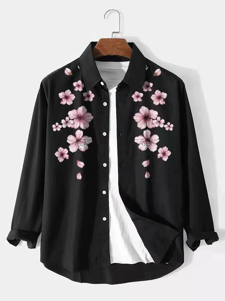 Herre Cherry Blossom Button Up Langermet Buet Kant Uformelle Skjorter