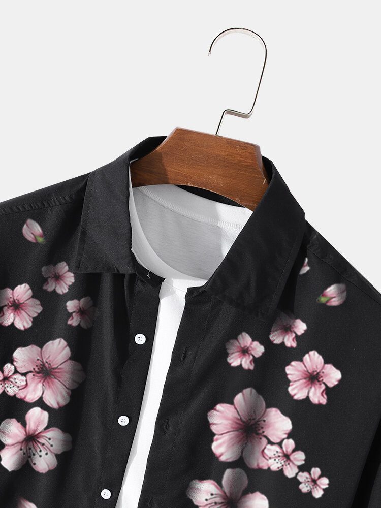 Herre Cherry Blossom Button Up Langermet Buet Kant Uformelle Skjorter