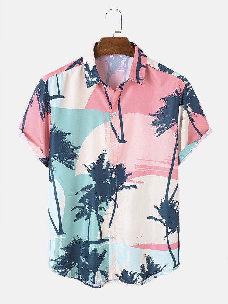 Herre Coconut Tree Print Kortermede Myke Pustende Skjorter