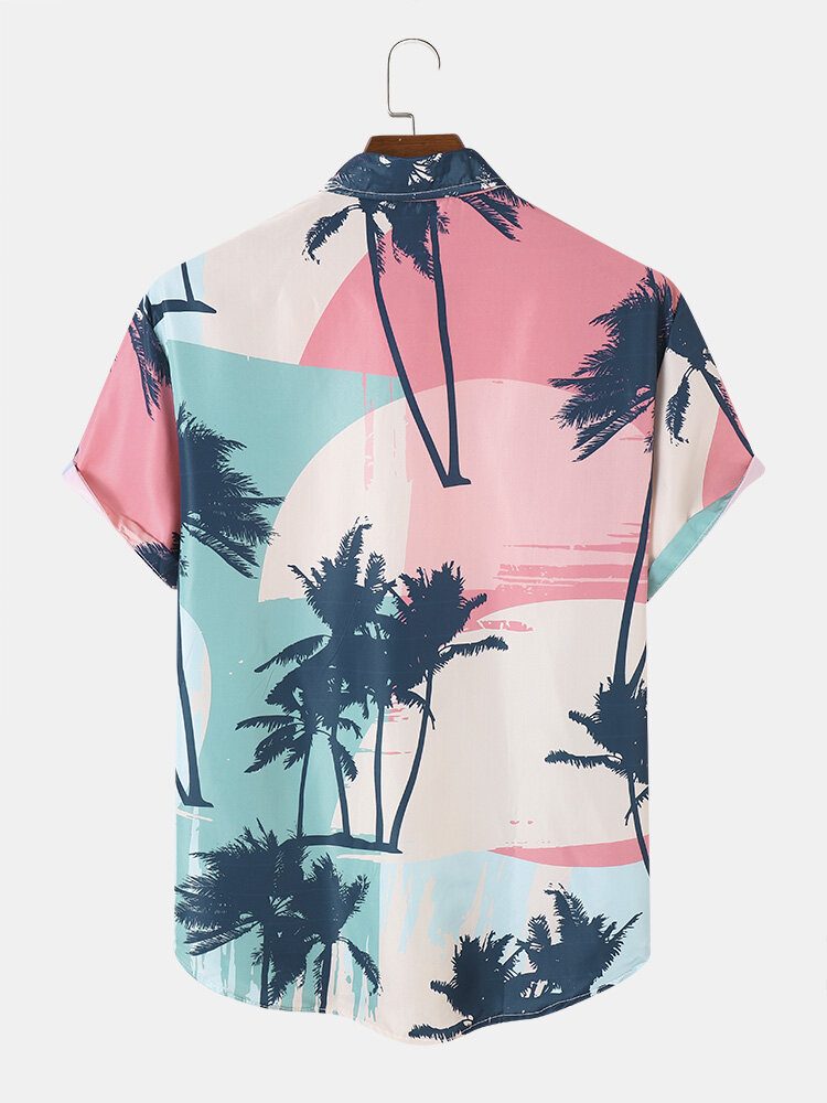 Herre Coconut Tree Print Kortermede Myke Pustende Skjorter